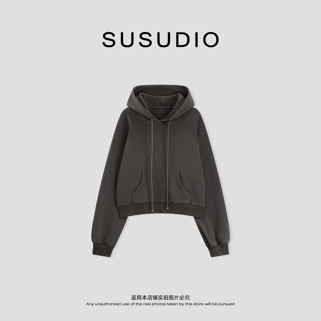 SUSUDIO 基础款连帽日常纯色短款插肩袖套头卫衣 B2024