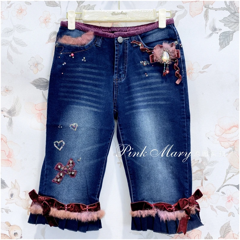 pink mary粉红玛琍蓝色牛仔中裤子短裤时尚百搭PM066211357
