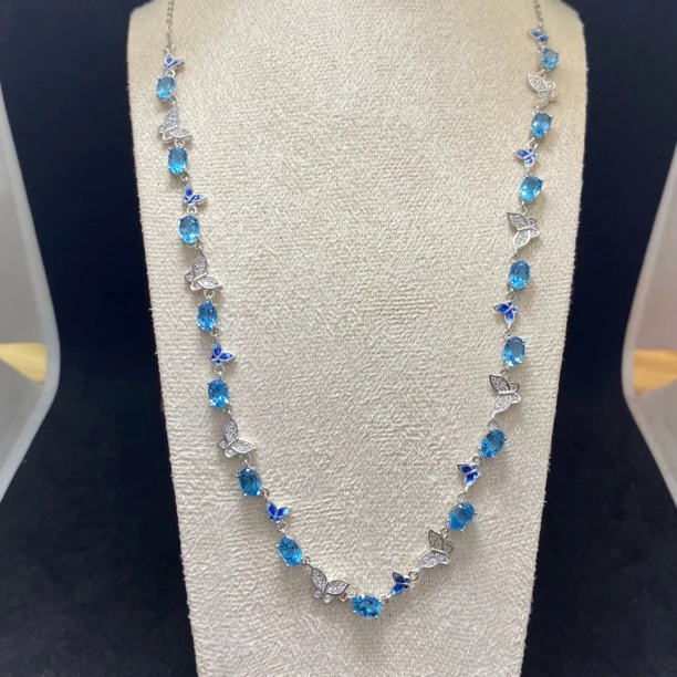 蝴蝶满天星项链天然瑞士蓝托帕石套链s925银创意精致气质优雅百搭