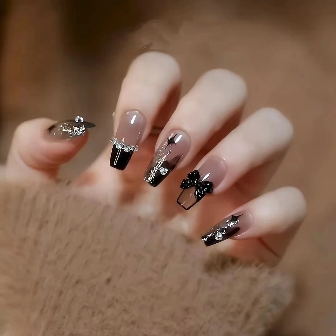 【黑透蝴蝶结】纯手工穿戴甲黑透爆闪蝴蝶高级可拆卸