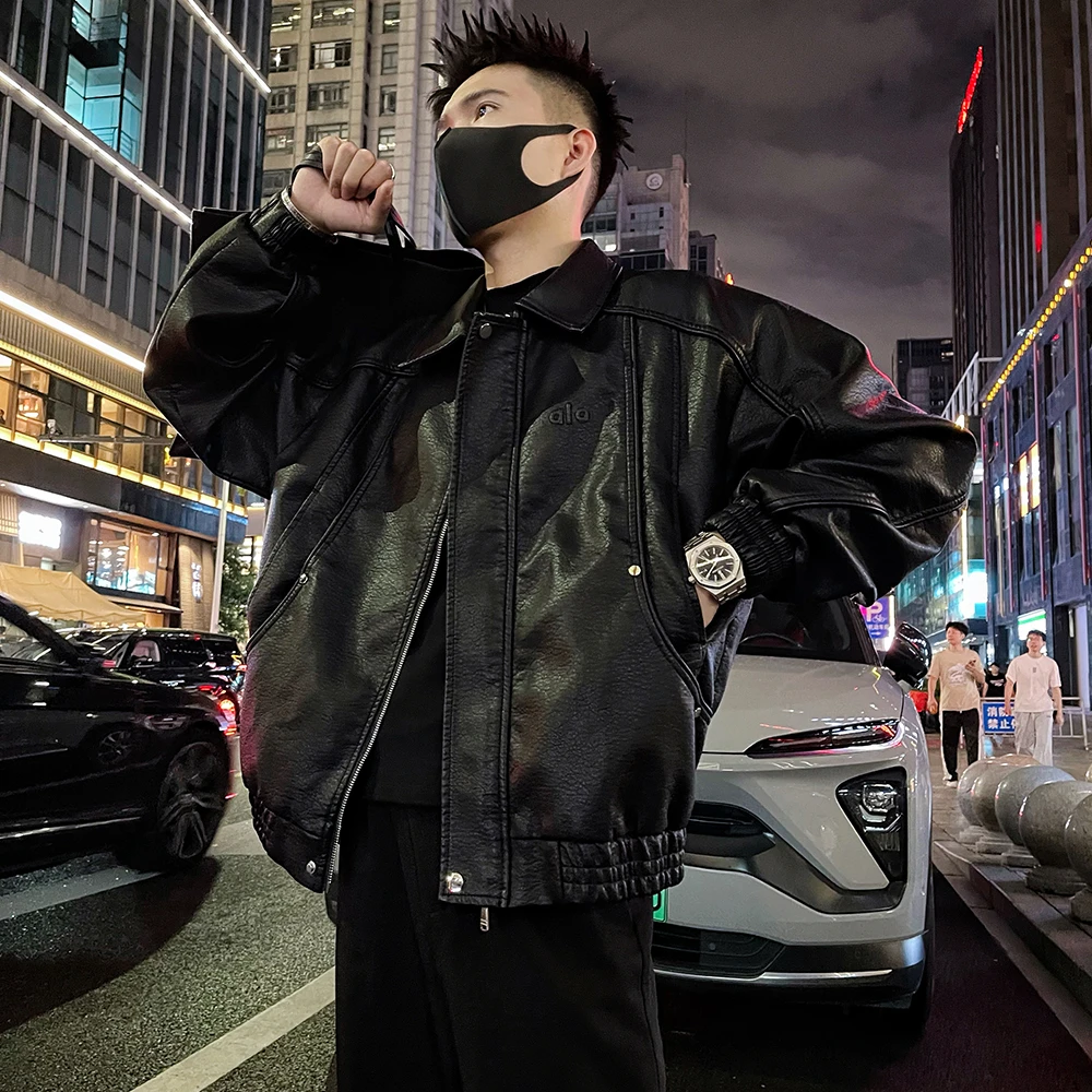 男款秋季软皮夹克潮牌痞帅男生高级感衣服解构设计感皮衣机车外套