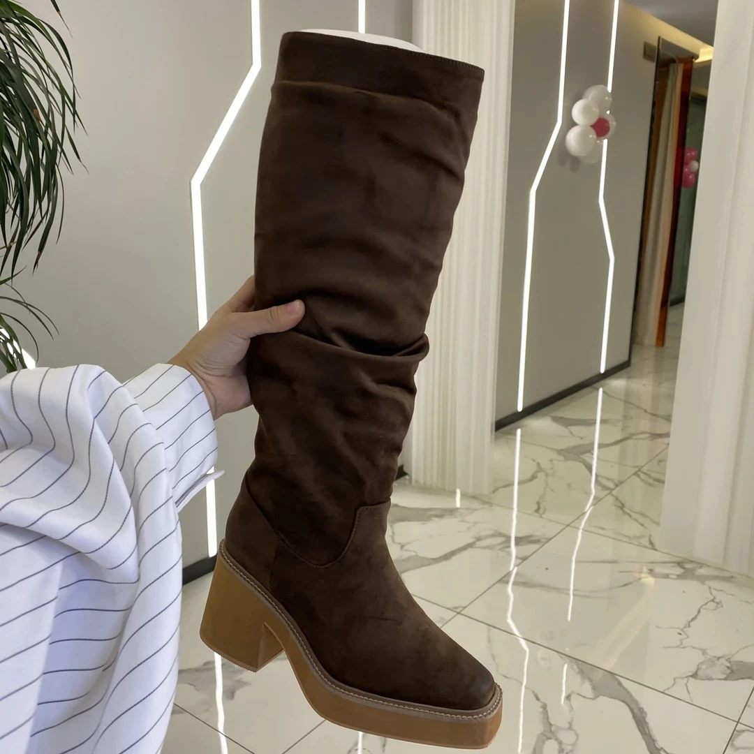 190-1秋冬高跟长筒靴女复古粗跟骑士靴显瘦过膝靴时尚堆堆靴厚底