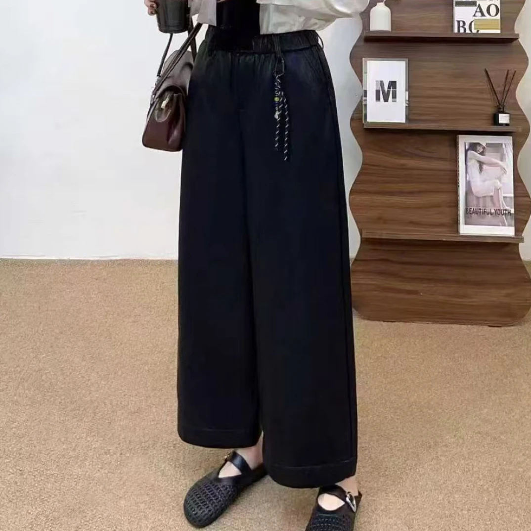 软皮高腰时尚休闲百搭阔腿宽松大码显瘦网红松紧腰皮裤秋季