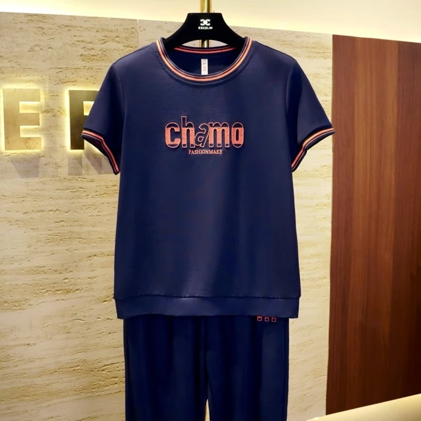 【深蓝chama圆领短袖套装】刺绣T恤长裤时尚显瘦女士夏季休闲套装