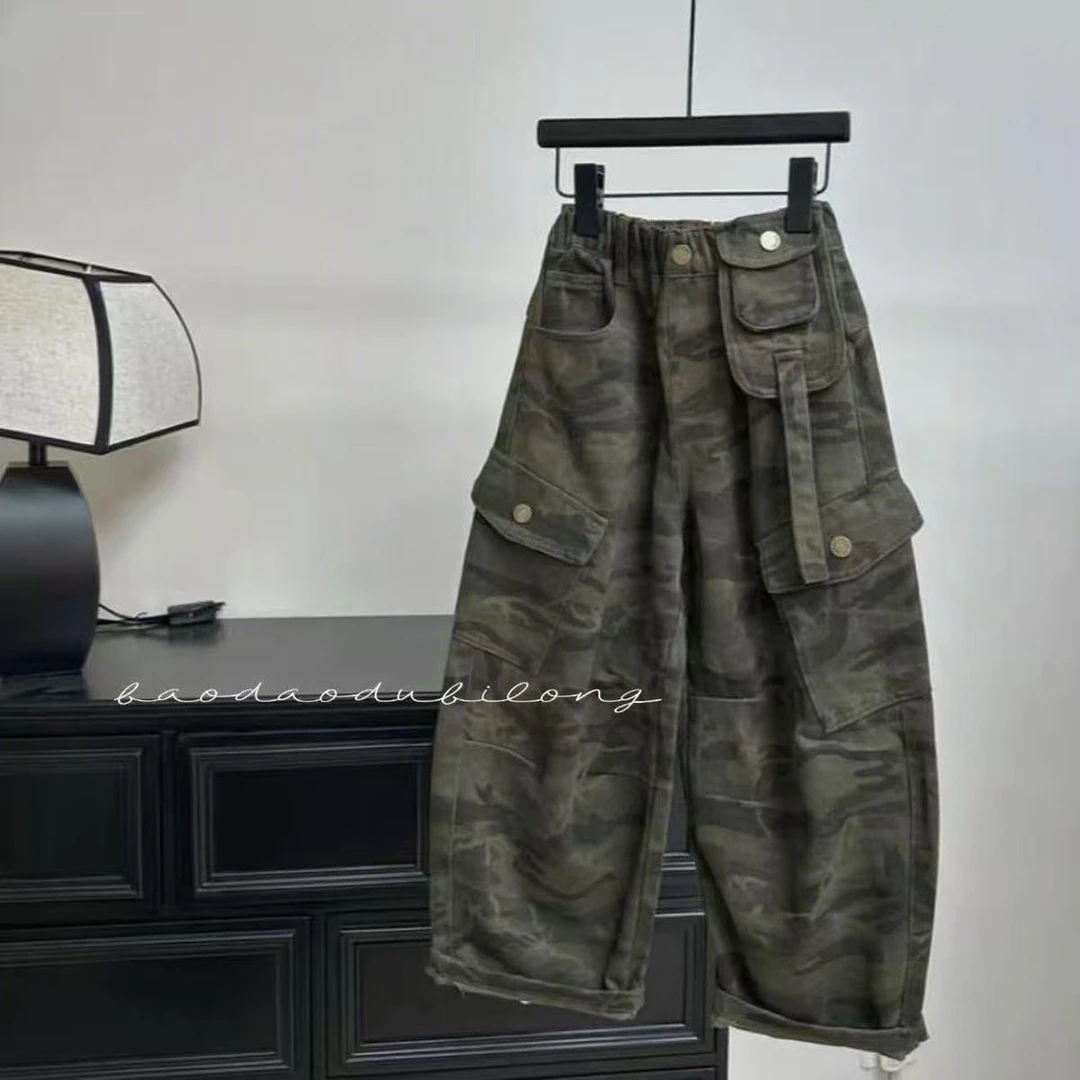 纯棉儿童复古伞兵工装迷彩长裤男女中大童痞帅休闲潮酷宽松弯刀裤