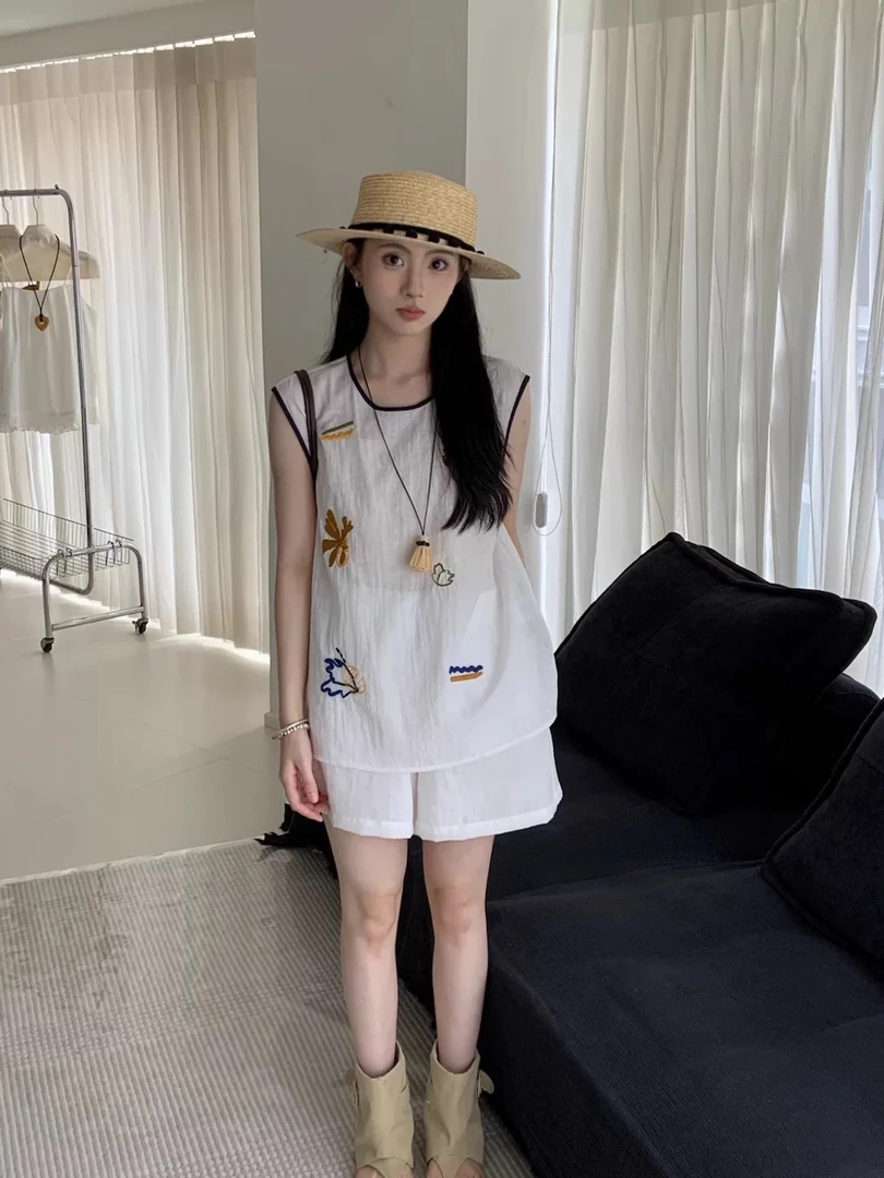 【蓝白风铃】真两件套2025夏季时尚圆领马甲女百搭显瘦套装气质通勤