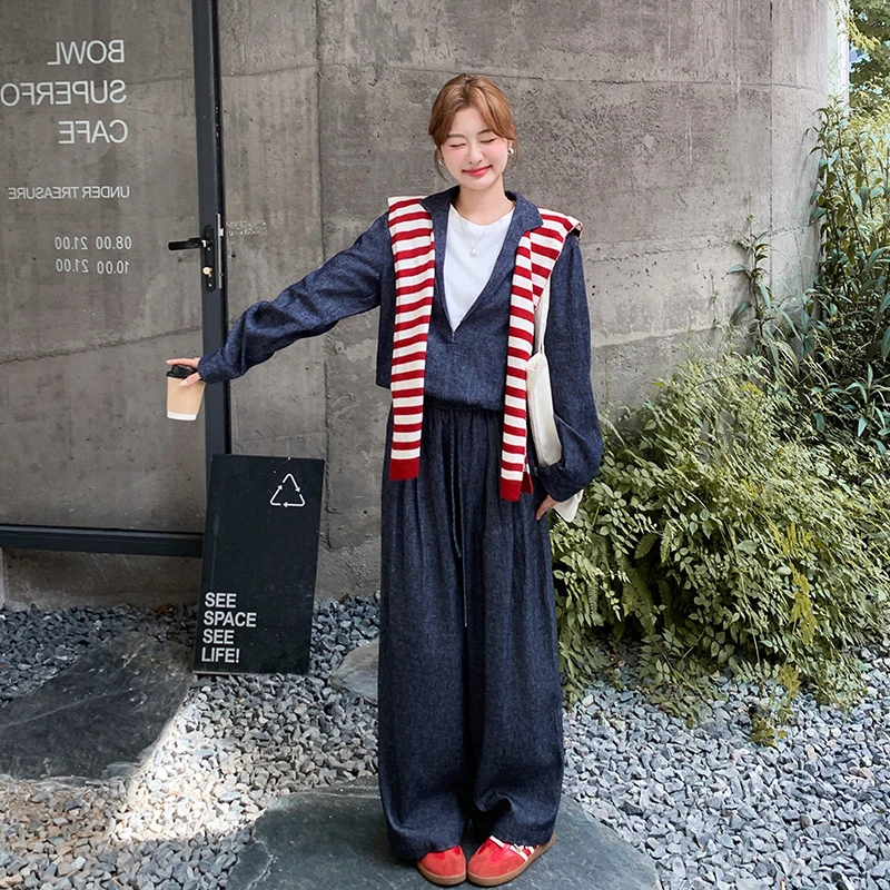 深蓝色复古针织披肩牛仔套装女2025秋韩系假两件上衣阔腿裤两件套