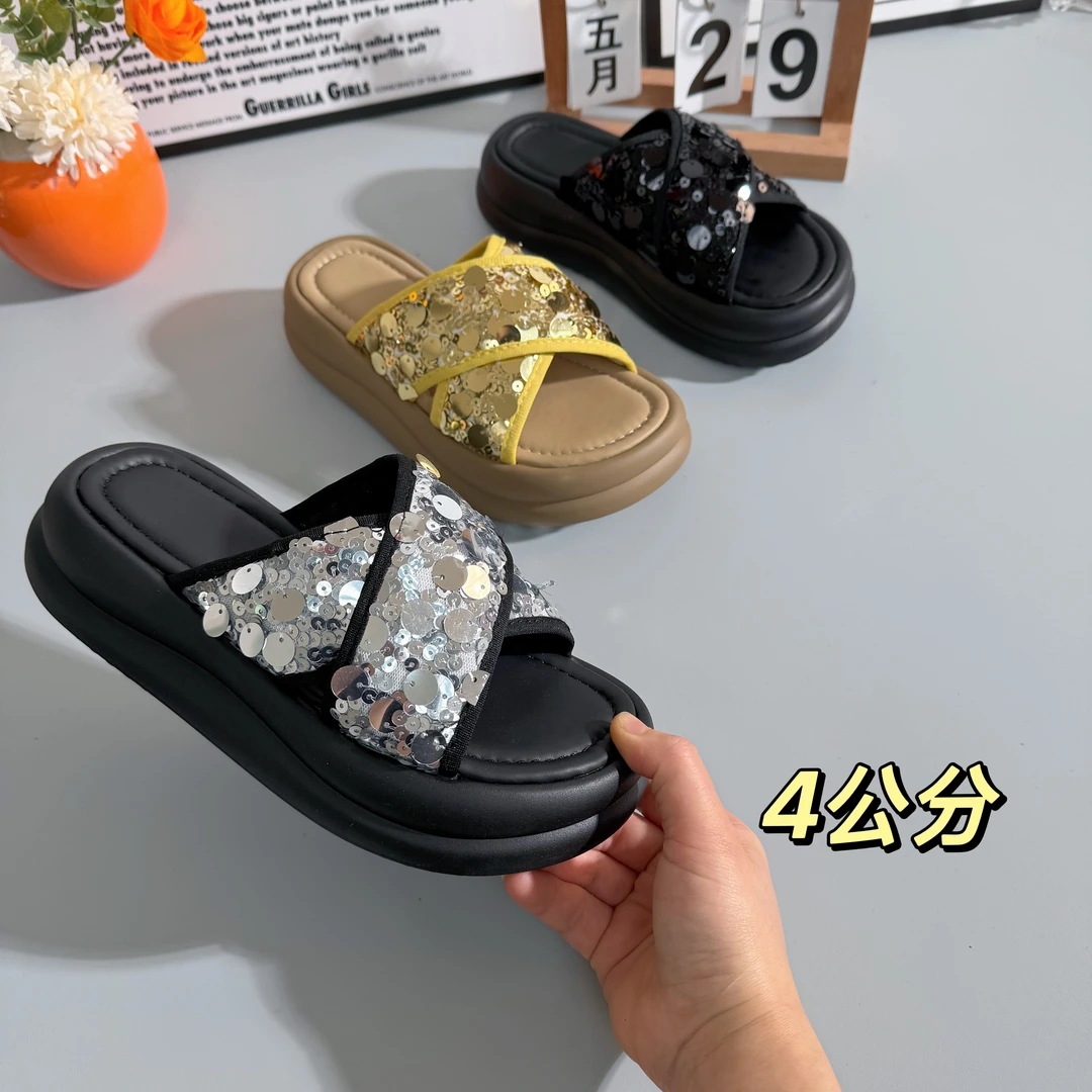 【退货补运费】亮片一字拖鞋夏季爆款外穿高级感厚底配裙子凉拖6022