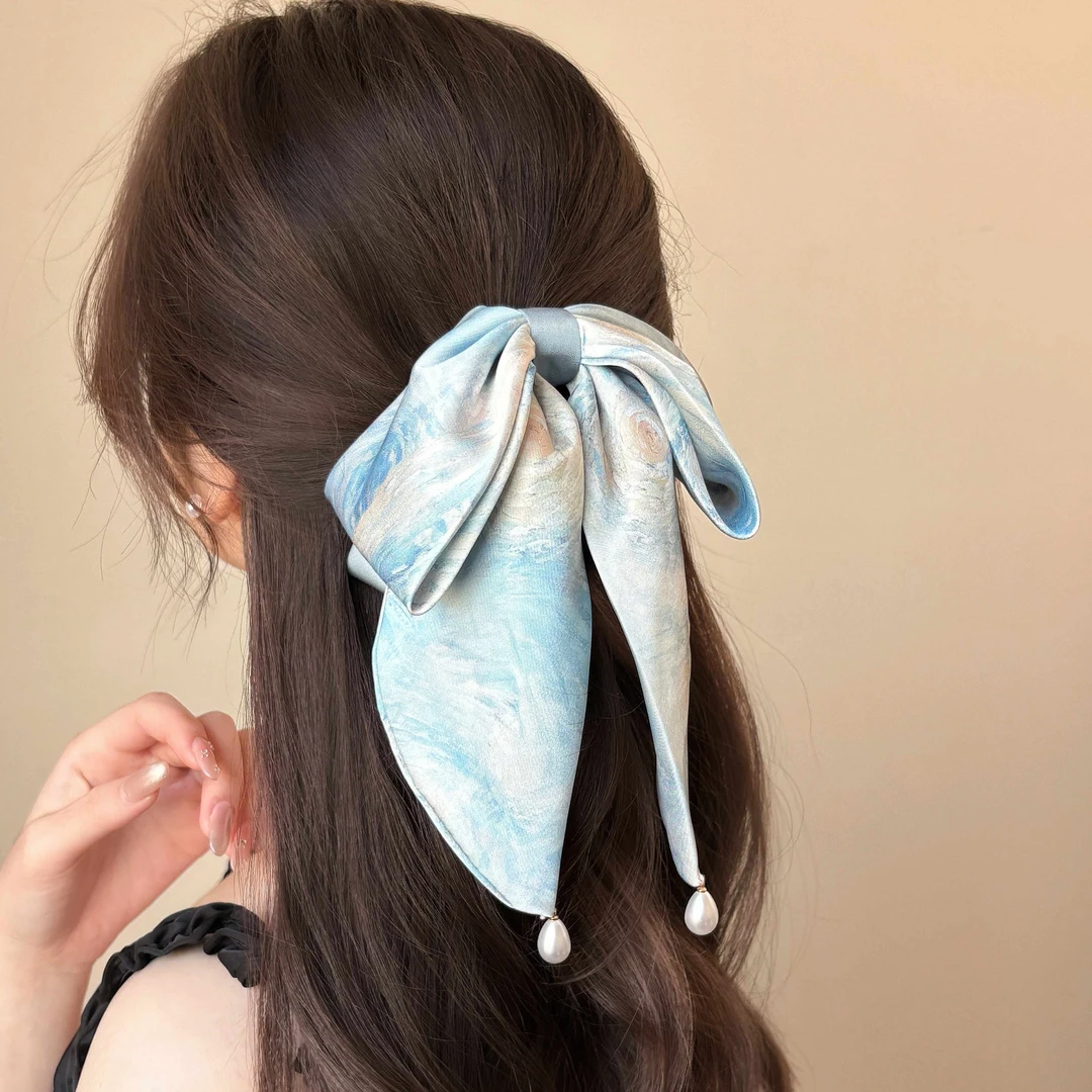 新中式油画星空扎染蝴蝶结马尾抓夹新款高级感挂珠飘带后脑勺发夹