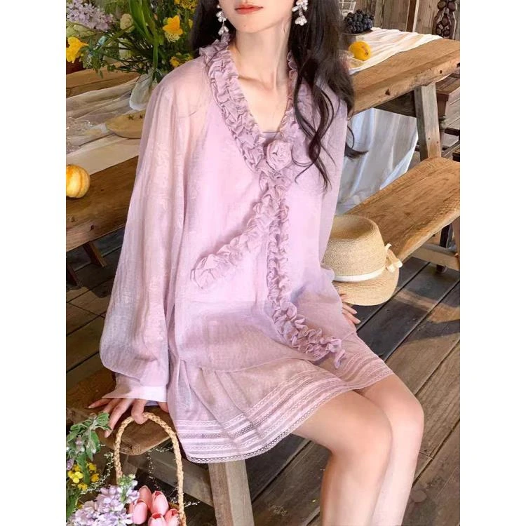 法式荷叶边长袖衬衫女夏季慵懒感宽松雪纺套装