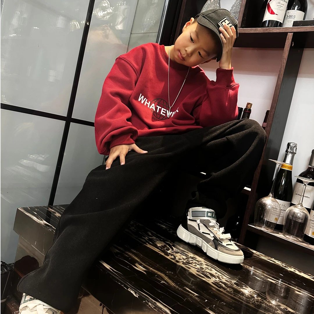 青少年冬装圆领宽松大版加绒卫衣男大童嘻哈加厚保暖奥粒绒套头衫