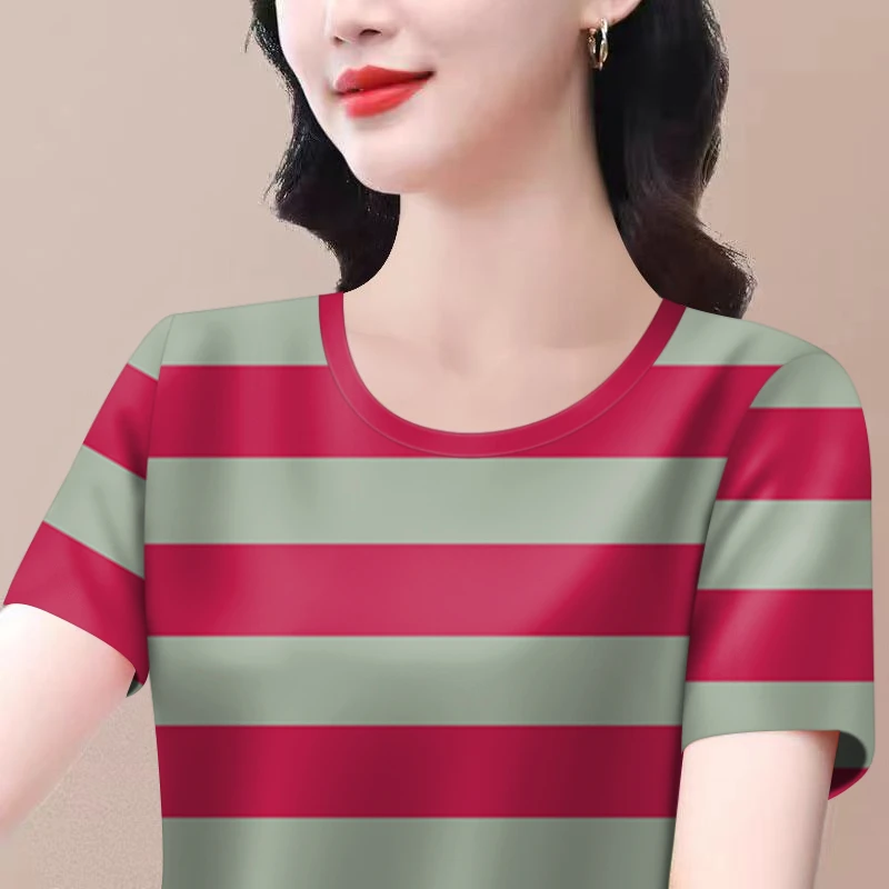 好品捡漏~夏季款条纹短袖t恤女大码宽松遮肚显瘦圆领打底上衣时尚