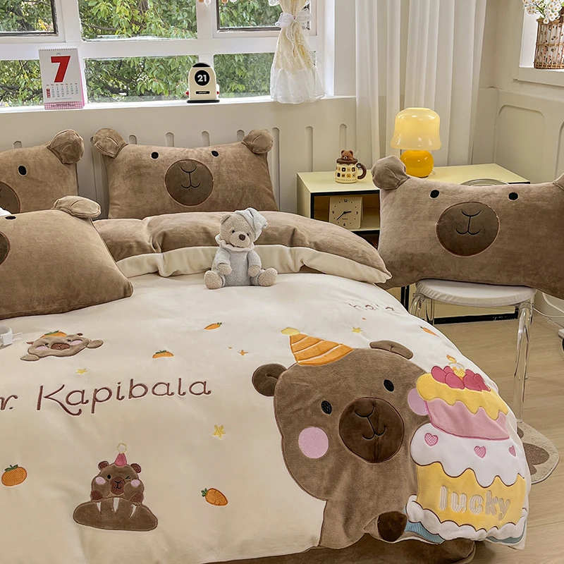 抱梦家居卡皮巴拉牛奶绒双面绒宿舍四件套被套冬季卡通四件套