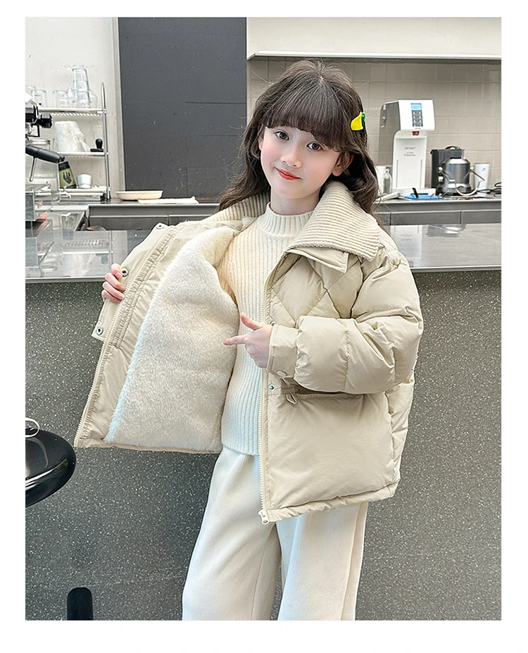 女童加绒加厚绗线棉衣2025冬季新款休闲中大童翻领大棉袄保暖棉服