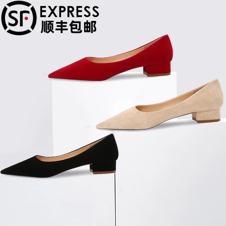 CHUREN&KENET时尚粗跟单鞋女百搭黑色绒面工作鞋方头浅口中跟高跟