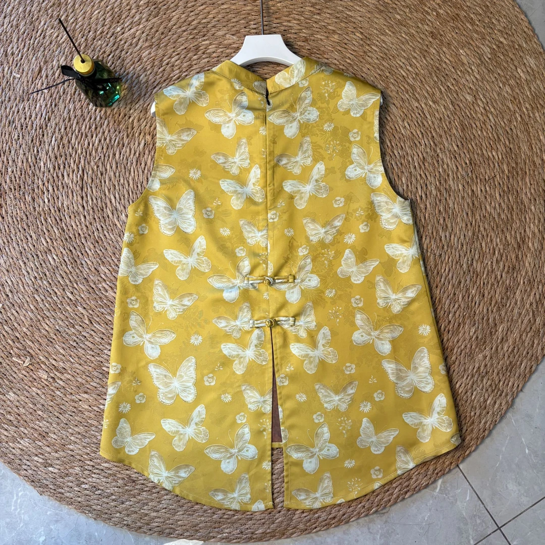 【麒麟绣球】中式马夹工字型印花上衣女士薄款圆领植物花卉提花