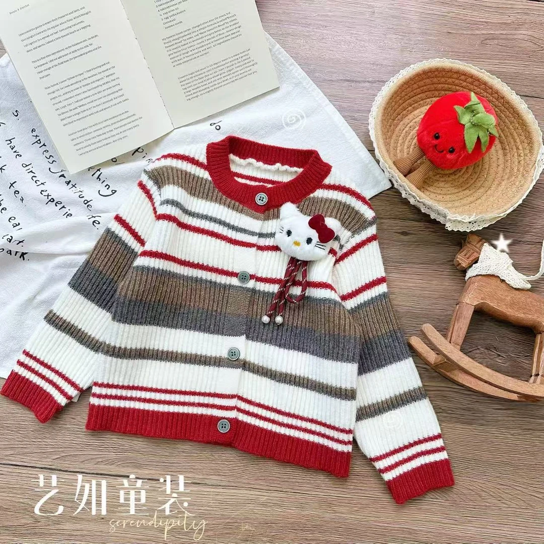 【秋日物语】2025秋季上新韩系条纹凯蒂猫百搭毛衣外套D-H183