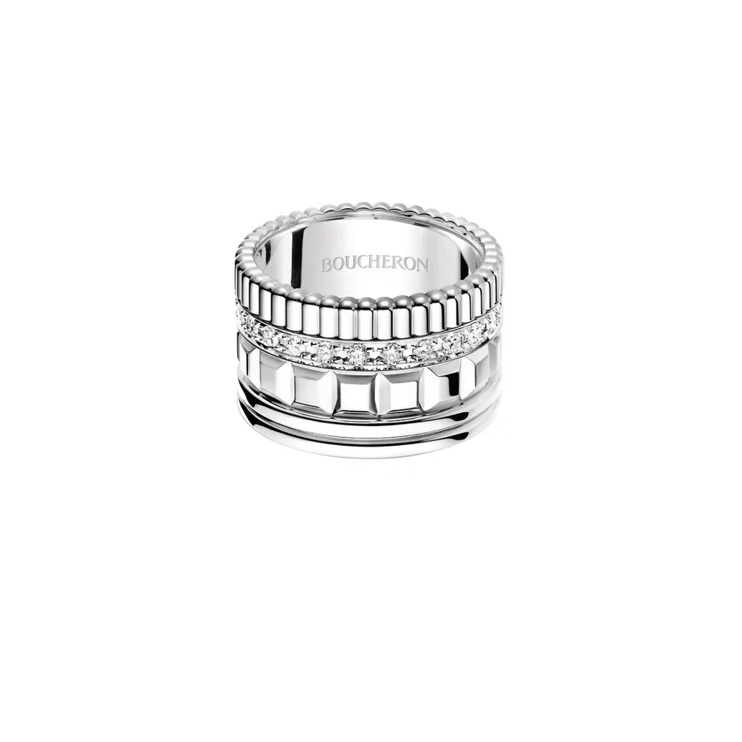 99新 Boucheron/宝诗龙 宽版白金戒指四圈镶钻戒指