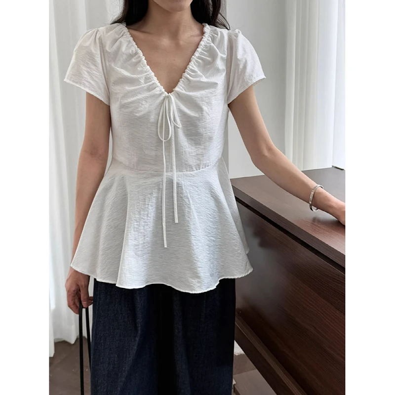 大码胖MM韩系V领褶皱系带衬衫女2025年夏季收腰百搭显瘦短袖上衣