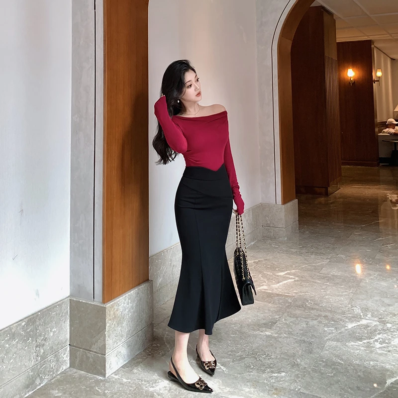 林关关黑色鱼尾裙包臀裙高腰a字半身裙高级感气质长裙72101