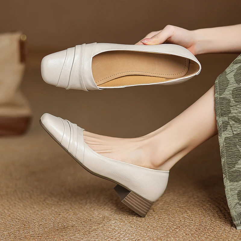 跟高3cm/牛34-40法式简约方头浅口单鞋褶皱设计感新款一脚蹬舒适