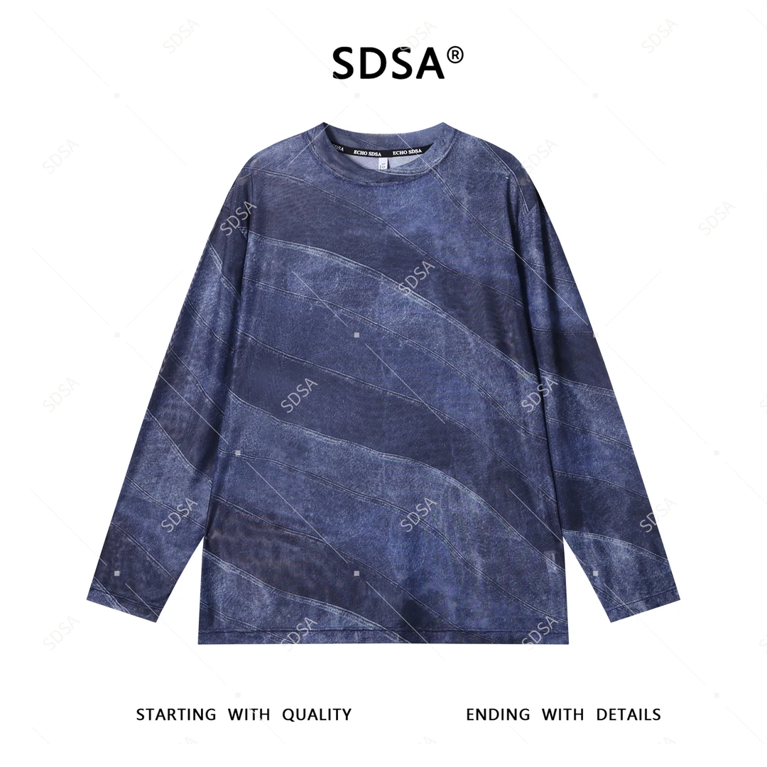 SDSA秋季新款男士痞帅潮牌拼色斜纹设计圆领长袖T恤百搭时尚上衣