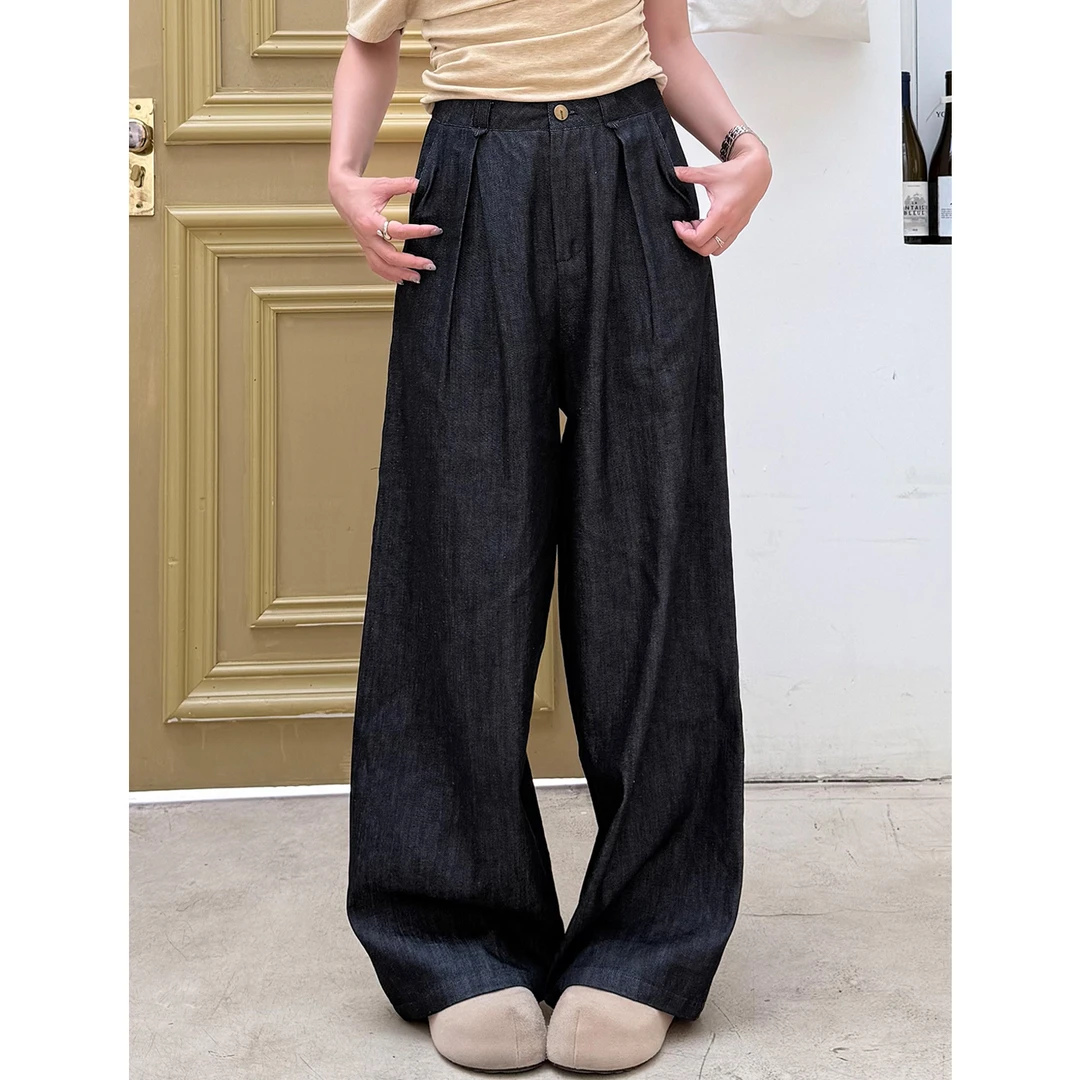 尔给夏季薄款美式高腰宽松显瘦直筒垂感阔腿原色蓝牛仔裤