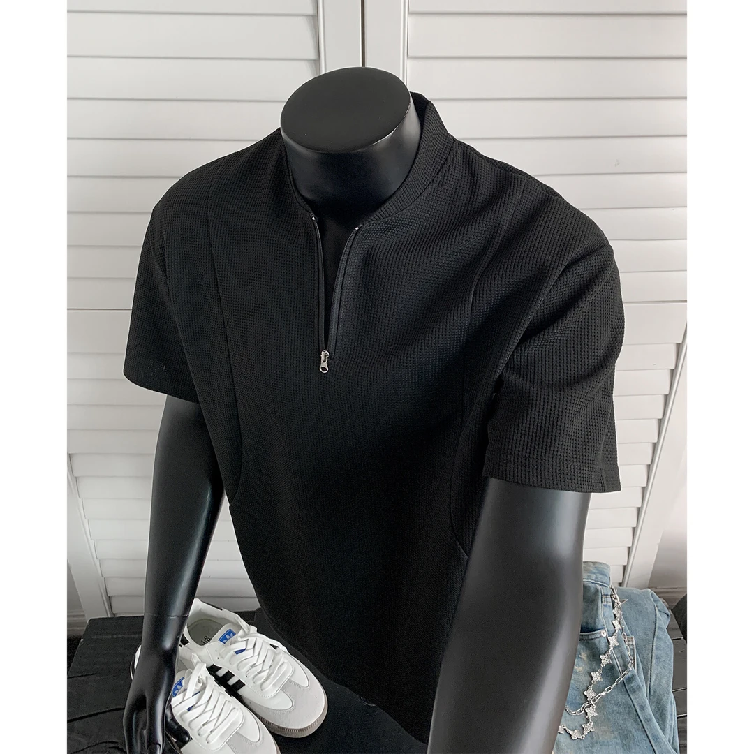 白色华夫格半拉链短袖男网眼透气t恤运动健身冰丝肌理感半袖夏季