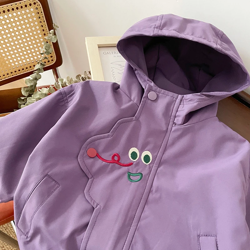 现货QW245108紫色可爱风韩版男童2025春款中长款连帽圆领长袖无腰