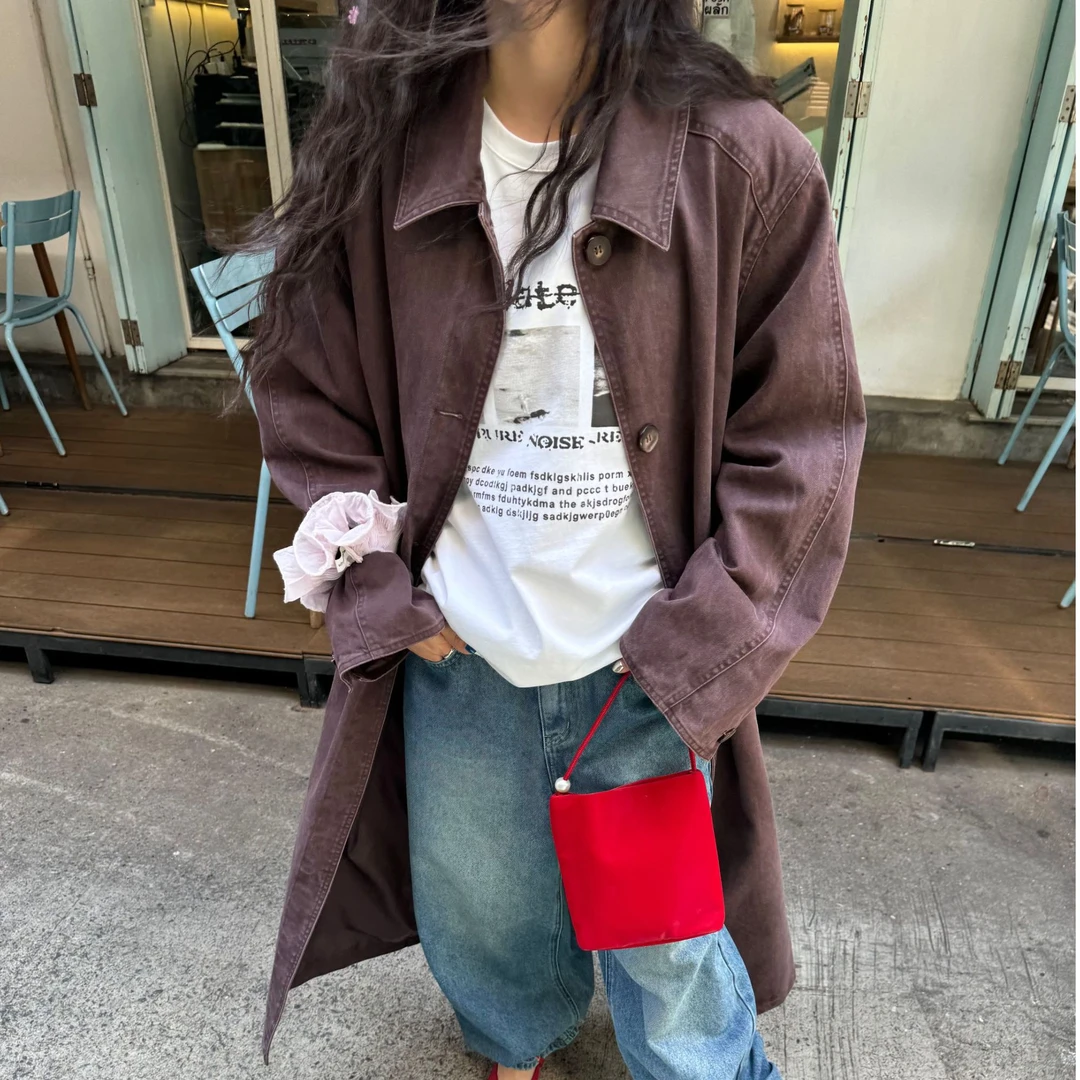 逸语IN choose u笑笑家2025春季设计宽松韩长款复古牛仔外套86703