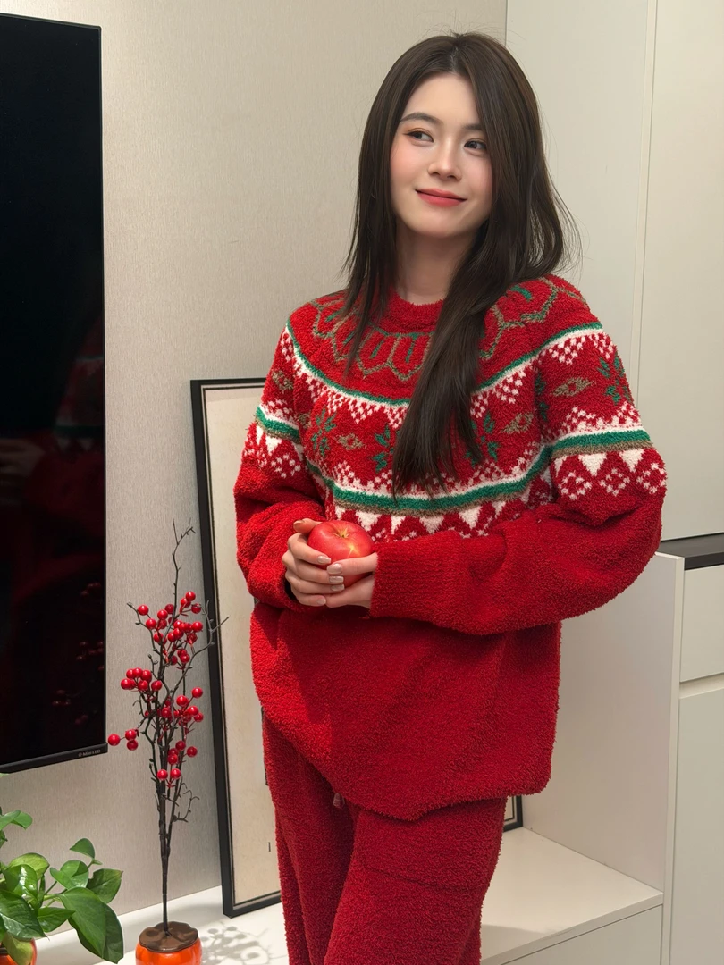 冬季半边绒复古费尔岛家居服睡衣套装宽松加厚加绒圆领女可外穿