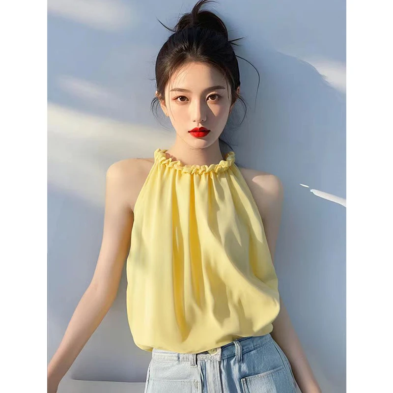 法式奶黄色色无袖背心吊带女夏季设计感露肩小衫时尚挂脖纯欲上衣
