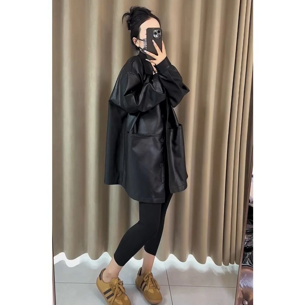 高级感宽松polo领皮衣女欧洲站2025春季新款时尚百搭休闲纯色外套