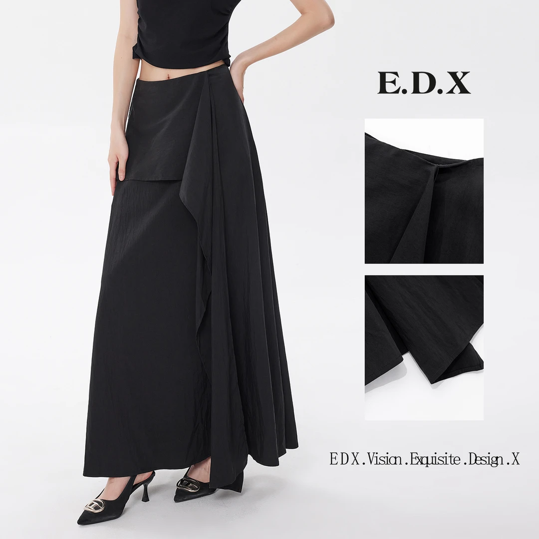 EDX原创设计春夏新款丝滑不规则荷叶边半身高腰显瘦A字长裙31773