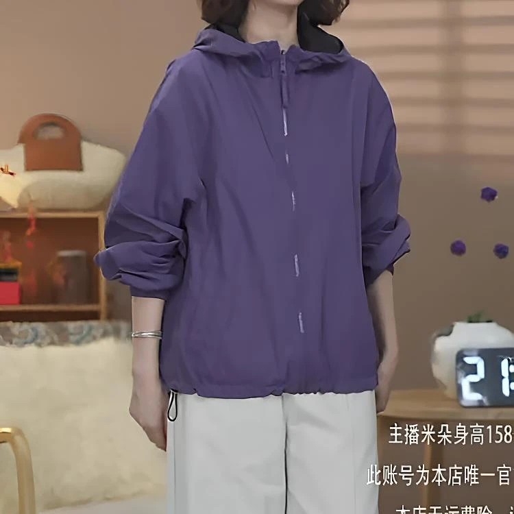 5019【两面穿】春夏母亲节运动连帽宽松长袖上衣户外外套女冲锋衣