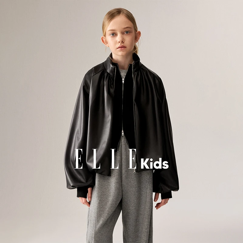 ELLE KIDS 童装休闲插肩袖廓形飞行员抽皱刺绣拉链外套百搭时尚Q1