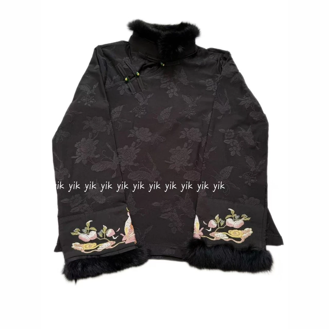 【清欢雪】新中式国风刺绣毛毛边修身气质加绒女打底衫上衣