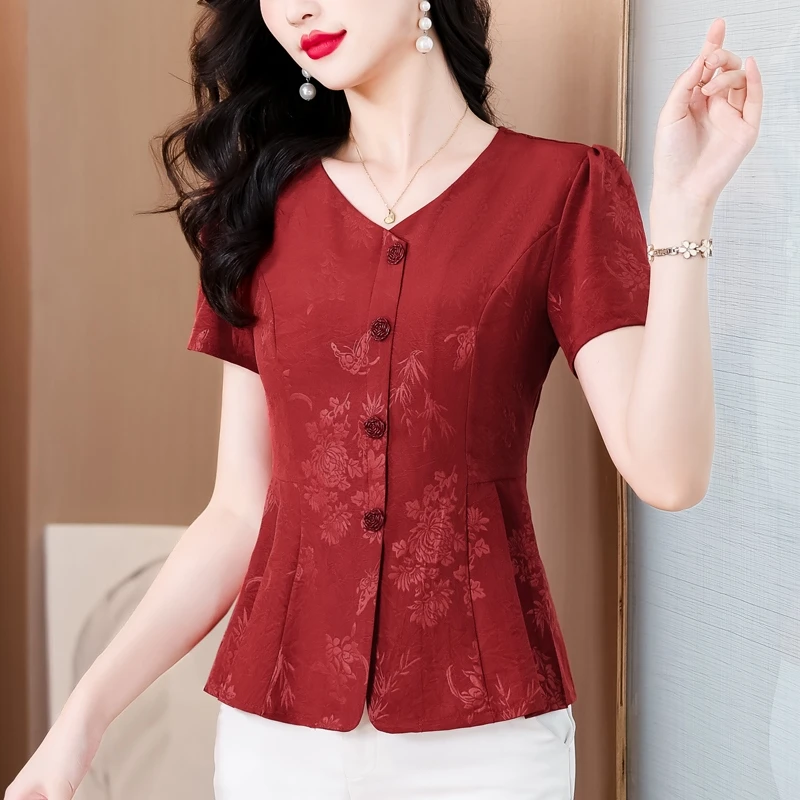 新中式复古缎面V领上衣女夏季新款国风提花衬衫妈妈短袖收腰小衫