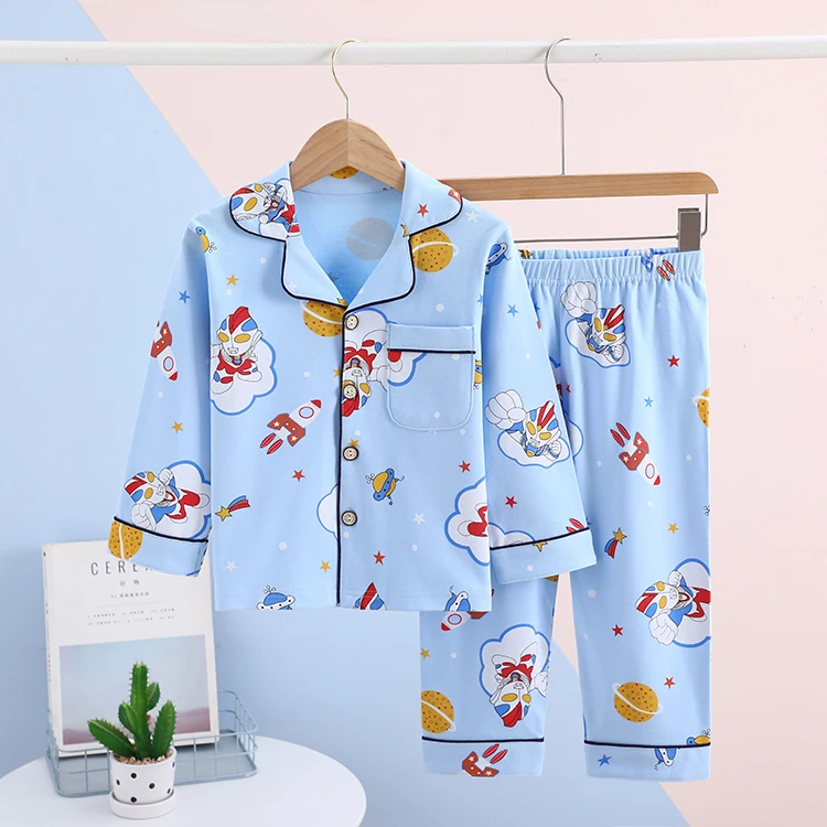 儿童纯棉卡通家居服A类春秋季男童女童翻领开衫睡衣中大童空调服