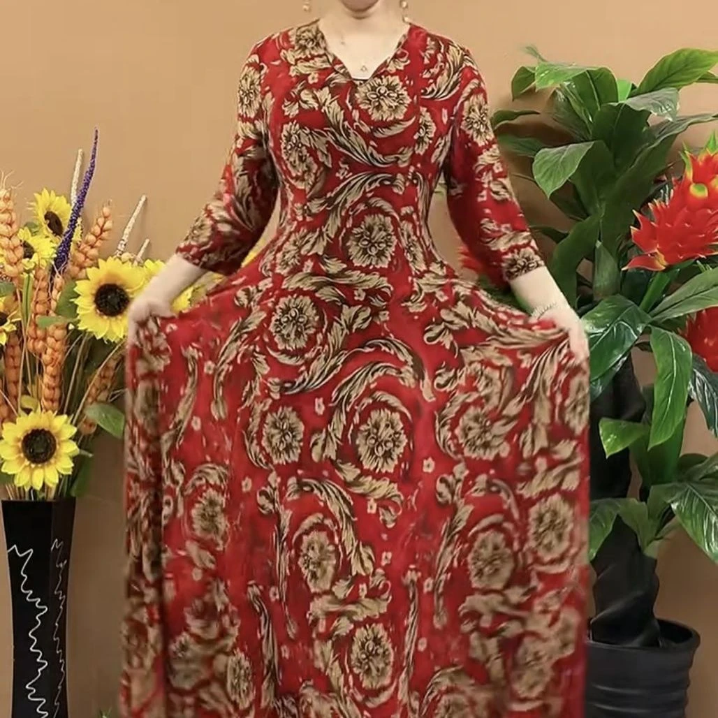 夏季遮肉减龄收腰大码V领连衣裙富太太百搭新款妈妈碎花气质长裙