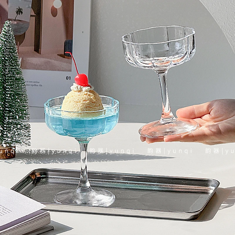 韵器ins花形布丁杯创意玻璃高脚冰淇淋杯甜品杯酸奶慕斯布丁杯