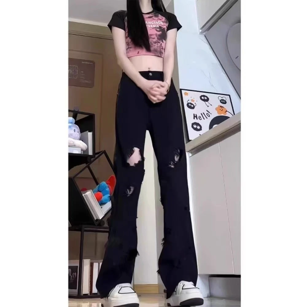 2025夏季男女同款乞丐破洞牛仔裤阔腿裤微喇拖地裤直筒裤显瘦高街