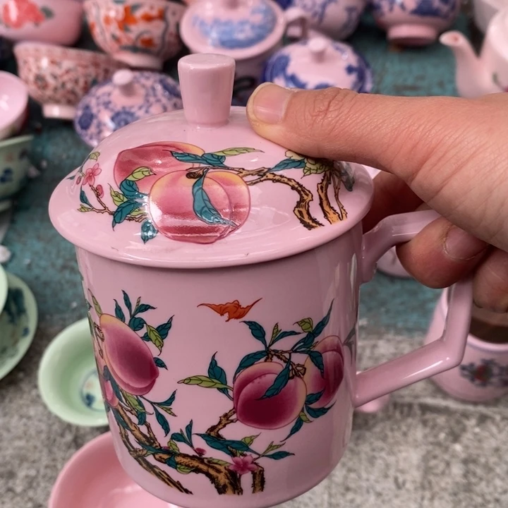 摆件陶红稀土寿桃直筒办公杯