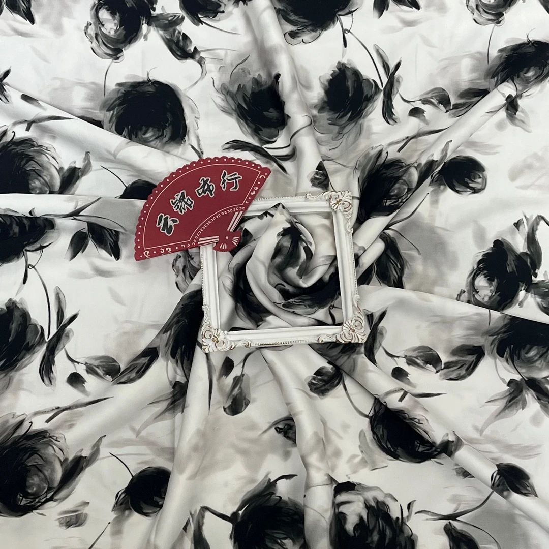 【云锦1店】25212-2号 米杏底水墨昙花 棉绸服装布料面料