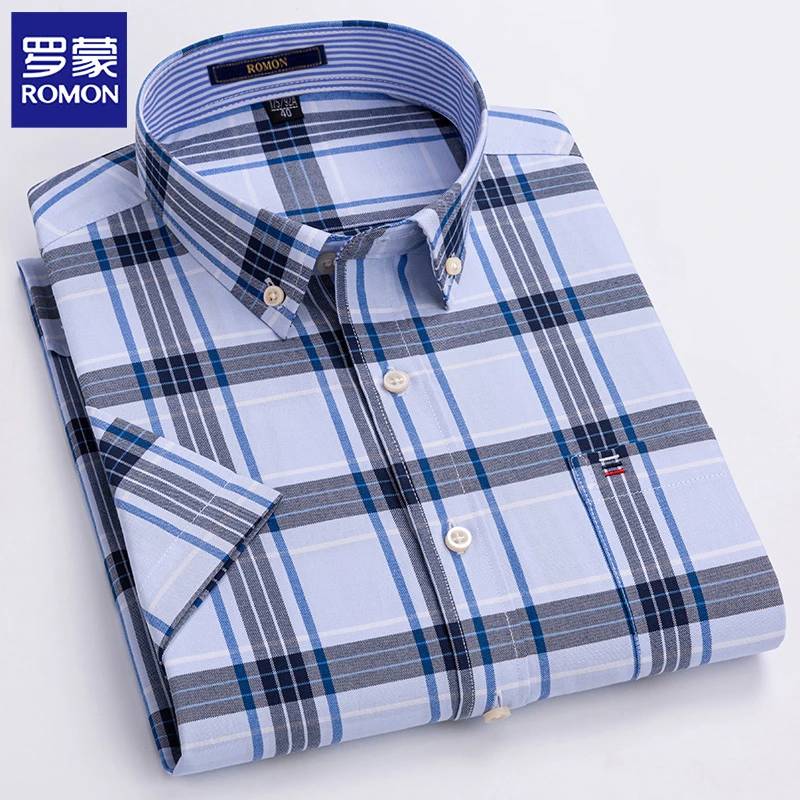 罗蒙男士100%纯棉短袖衬衫中青年商务休闲大码牛津纺宽松半袖衬衣