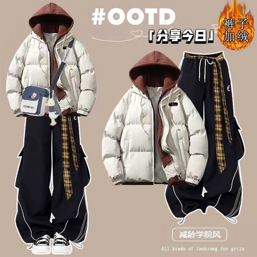 2025冬季套装女学生韩版宽松假两件棉服外套+加绒工装裤两件套潮