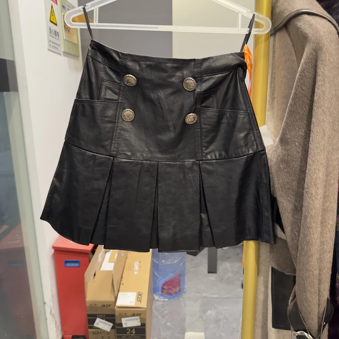懒猫nono│Saynono 羊皮皮裙半身裙高腰真皮A字短裙 /BBZY22070746