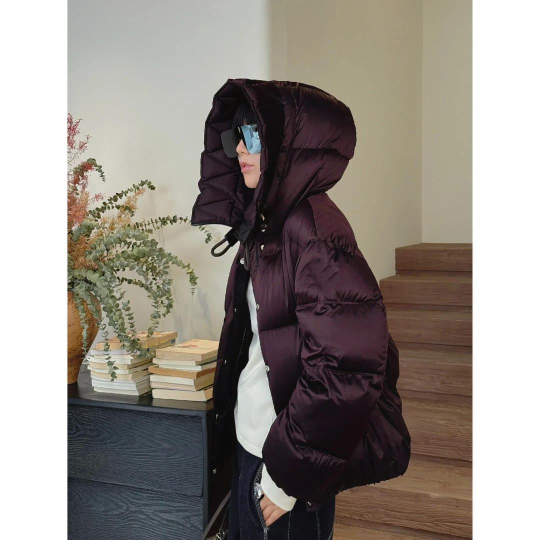 韩彬彬"乌木玫瑰"高级紫咖色缎面多巴胺服装女连帽鹅绒服2390-8