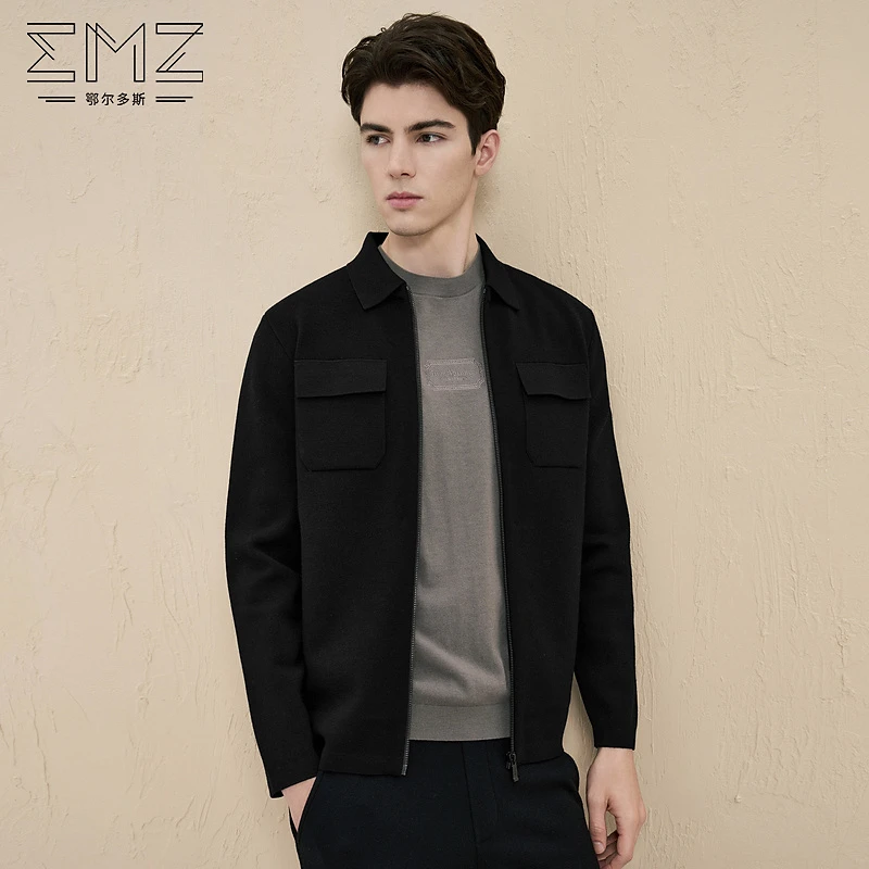 EMZ鄂尔多斯男士春秋短款时尚百搭潮流翻领商务休闲男装羊毛衫