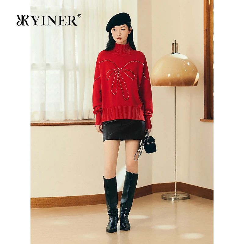YINER音儿专选2026春季新款钉珠蝴蝶结装饰美丽诺纯羊毛针织衫